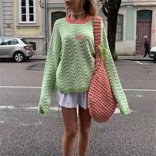 Long Sleeve Sweater Pullover Women 2021 Letters Embroidery Wave Print Crew Neck Sweater Fashion Street Loose Casual Pullover Top