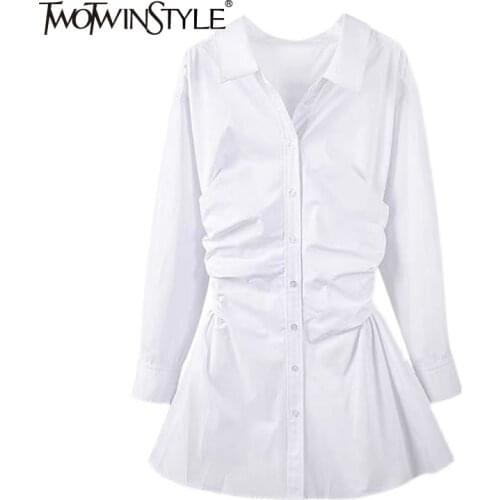 TWOTWINSTYLE Tunic Ruched Mini Dress For Women Lapel Long Sleeve High Waist White Dresses Female Fashion New Clothing 2021 Tide