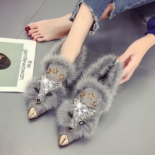 Fox Pattern Winter Plush Warm Shoes New Women Metal Pointed Toe Plush Warm Cotton Shoes Outdoor Non-slip Snow Boots 35-40