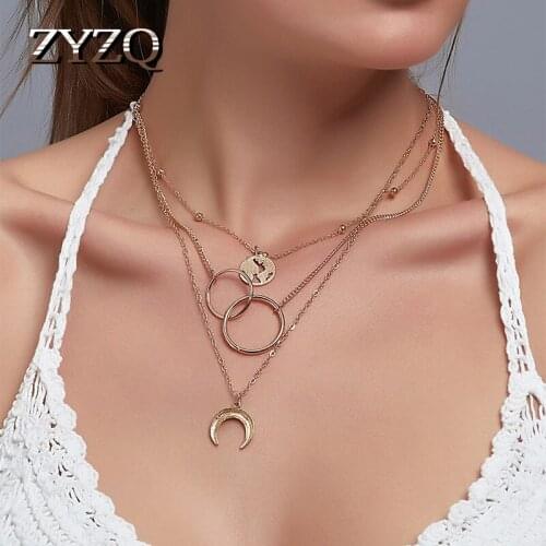 ZYZQ Fashion Feamle Multilayer Metal Moon Pendant Necklaces Sweater Chain For Women Jewelry Accessories Gift For Wife