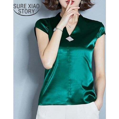 2021 Summer Fashion Korean Silk Blouses Women Satin V-Neck Red Women Shirts Plus Size Women Tops and Blouses Blusas Mujer 10162