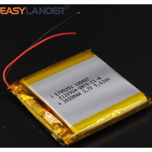 3.7V 2600mah 785251 Lithium Polymer Li ion Rechargeable Battery For DIY Mp3 MP4 MP5 GPS pad Mid dvd PSP mobile Pocket PC e-books