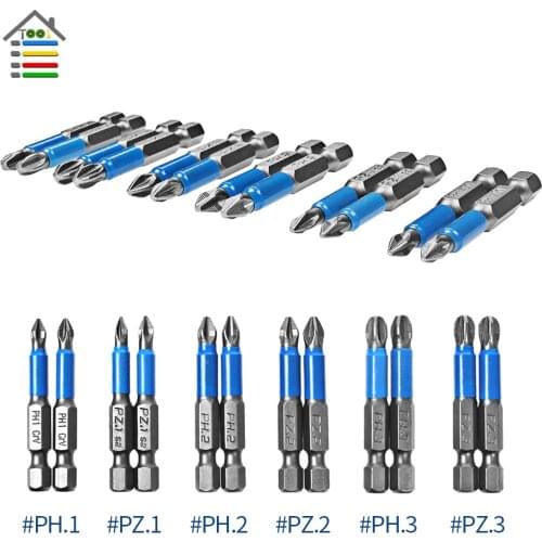12Pcs Gcr15 Phillips Bits Hex Shanked Anti Slip Screwdriver Bits Magnetic Single Head PH1 PZ1 PH2 PZ2 PH3 PZ3 50mm Length