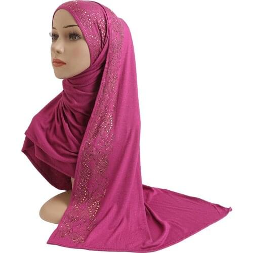 Fashion Elastic golden beading muslim headscarf hat hijab ladies long scarf 160g mercerized Cotton turbans for women