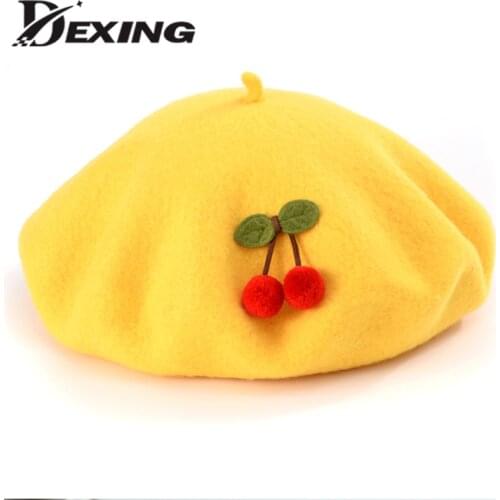Autumn Winter 100% Wool Berets French Children Cherry Beret Women Cute Japanese Handmade Painter Hat Warm Cap