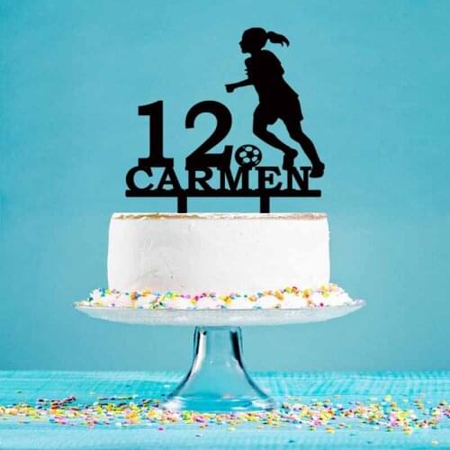 Personalized Name Age Cute Girl Play Football Silhouettes Cake Topper For Girls Birthday Party Cake Decoration Topper YC110