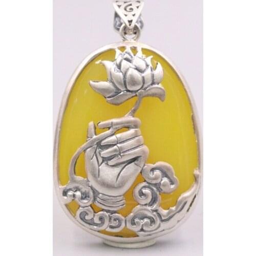 Pure 925 Sterling Silver Pendant 60x36mm Yellow Chalcedony Lotus And Buddha Hand Charms For Woman