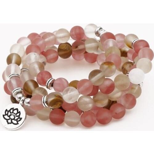 Pink 108 beads 8mm elastic adjustable Lotus life tree Buddha OM eye Chakra Reiki agate Onyx Yoga Bracelet necklace ikg4x