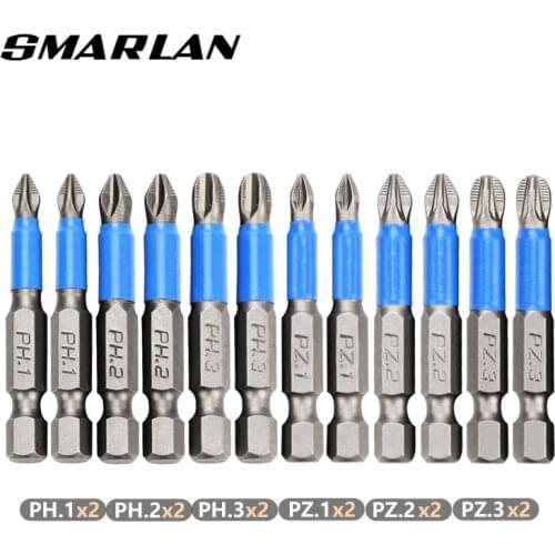 SMARLAN 12pcs Anti Non-slip Screwdriver Bit Set S2 Alloy Steel Screwdriver Magnetic Electric Impact 50mm PH1/PH2/PH3/PZ1/PZ2/PZ3