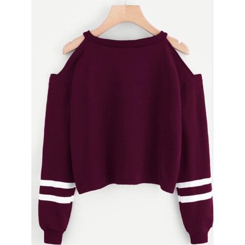 Harajuku Hoodie Crop Top For Teen Girls Sexy Cold Shoulder Long Striped Sleeved Short Hoodies Casual O Neck Sweatshirt Blouse