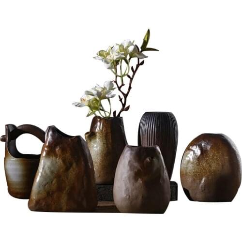 Japanese Retro Stoneware Vase Ceramic Hydroponic Flower Simple Desktop Ornaments Home Decoration Flower Arrangement Crafts