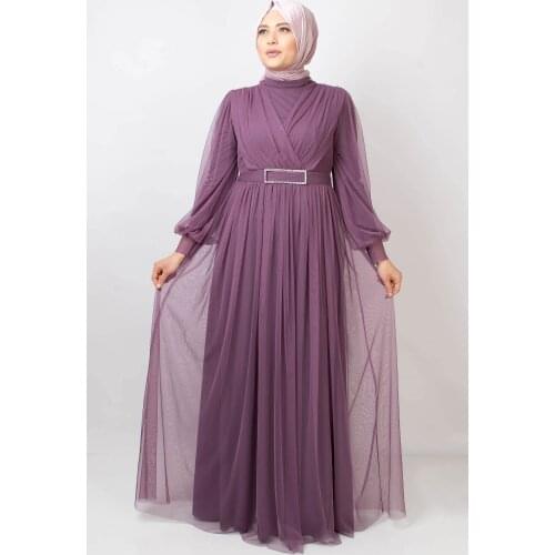 Belt Detail Tulle Evening Dress Lilac Fhm777 muslim long dress turkey hijab dress spring long sleeve dress lace
