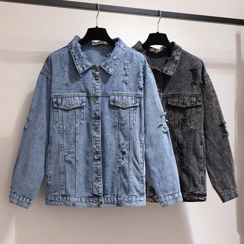 Vintage Women Jacket 2020 spring Autum plus size Denim Jackets Holes Jeans Coat Outwear Slim Jacket 5XL 6XL JC198