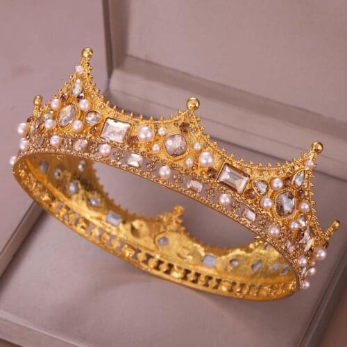 FORSEVEN Retro Baroque Gold/Silver Color Crystal Pearls Round Tiara Crowns Headband for Bride Noiva Wedding Women Birthday Party