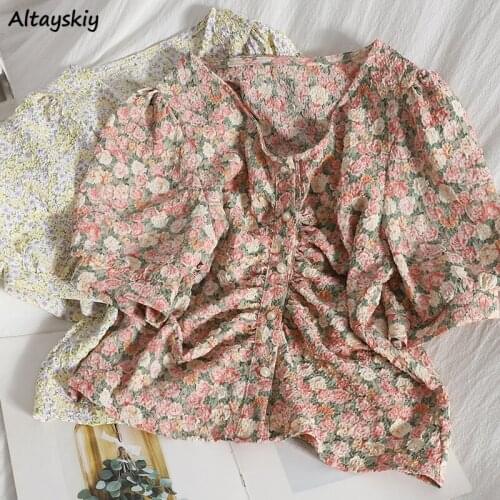 Shirts Women Summer New Floral Elegant Puff Sleeve Casual College Sweet Tops Korean Style Female Clothing Fashion Temperament