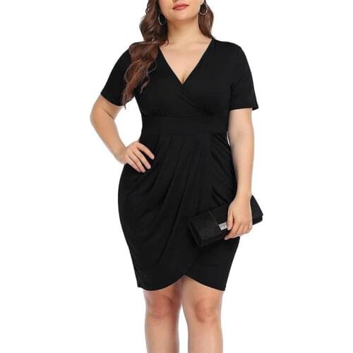 2021 Sexy Summer Woman Dress Short Sleeves V-neck Ruched Slim Bag Hip Midi Dresses Plus Size women clothing XL-5XL for Party