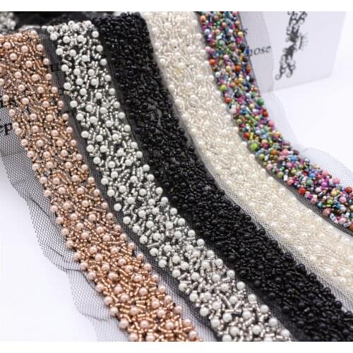 2Yards Pearl Beaded Lace Trim Mesh Lace Ribbon Fabric Headdress Decoration Wedding Dress Collar Sleeve African Lace Applique