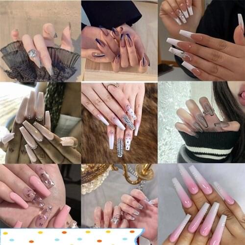 24PCS/box Fashionable Blue and Graffiti Pattern Wearable Fake Nails press on Short oval Head Lady Full Cover Finished Fingernail