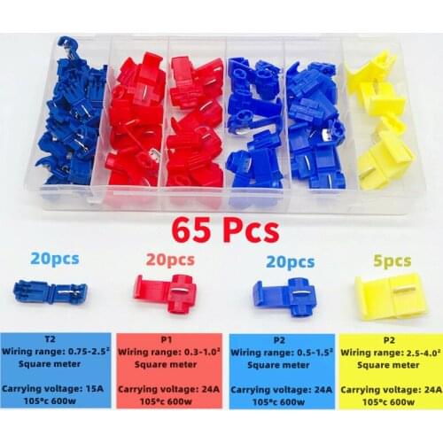 65pcs boxed T-type terminal block cable wire connection clip quick peel-free connector plug splitter wire clamp industrial/home