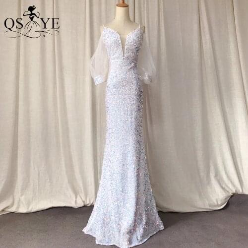 Puffy Sleeves White Evening Dresses Mermaid Sequin Prom Gown Spaghetti Straps Party Dress V Neck Formal Gown Women Dress Vestido