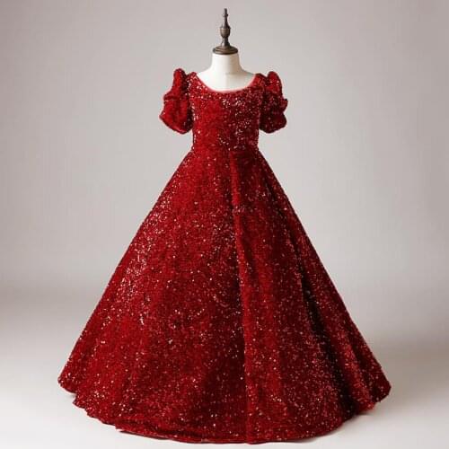 High-End Sequines Children Trailing Evening Gown Wedding Birthday Party Princess Kids Piano Host Dress For Girls L737