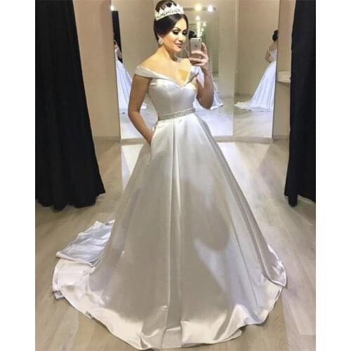 Long Satin Crystals Wedding Dresses for Bride 2021 A Line Off Shoulder Sleeveless Bridal Gowns vestido de noiva