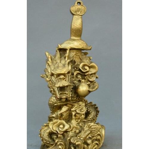 Chinese fengshui old Bronze carve Fortune dragon sword make fortune Statue