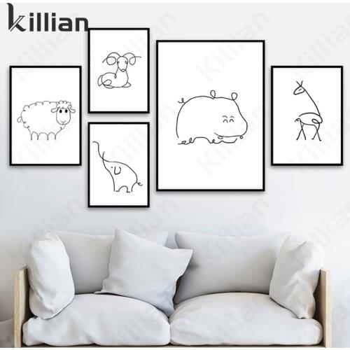 Cartoon Line Animal Anime Painting Print Poster Korean Style Hippo Giraffe Picture Canvas Painting Teen Room Decoration Wall Art