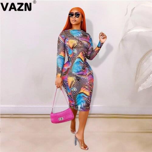 VAZN 2020 Autumn New Arrival Retro Parity Young Sexy Soft Elastic Style Round Neck Full Sleeve Women Thin Midi Dress