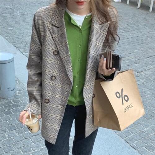New suits Female Vintage Autumn Office Ladies Notched Collar Plaid Women Blazer Breasted Jacket Casual Pockets Female Suits Coat