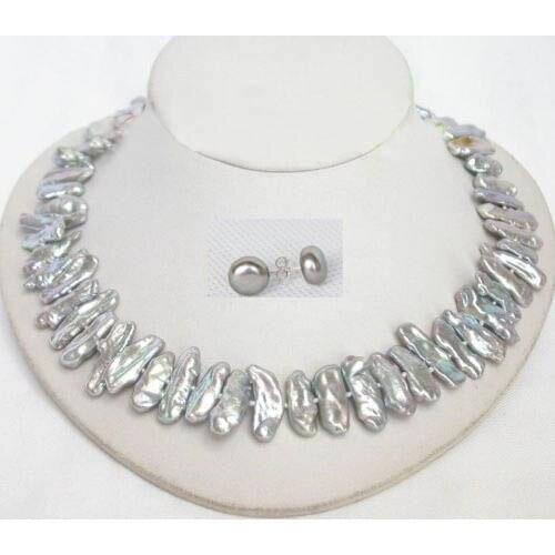 NEW AA baroque tooth gray BIWA pearls necklace earring gift
