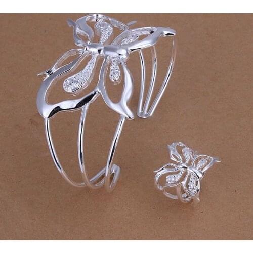 S260 Wholesale Free Shipping Silver Fine Jewelry Sets,925-Sterling-Silver Charms Fashion Inlaid Butterfly Ring Bangle S260 /anv