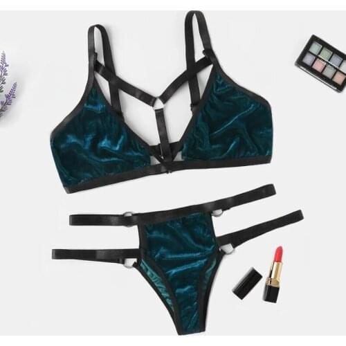 Sexy Women Velvet Bandage Lingerie Set With Garter Underwear Wireless Bra G-string Underwear Lingerie Pijama Sets Feminina S-XXL