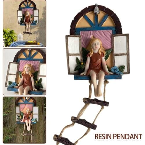 Tree Hanging Sculpture Fairy House Window Sitting Fairy with Ladder Resin Garden Figurine Pendant Outdoor Miniature Art Decor