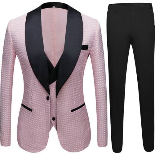 Latest Coat Pant Designs 2020 Shawl Lapel Groom Party Tuxedos Pink Dots 3 Piece Suits For Men Custom Made Wedding Men Suit Sets