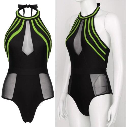 Sexy One-Piece Swimsuit Women Mesh Patchwork Swimwear Halter Neck Sleeveless Backless Summer Beach Bathing Suit Monokini