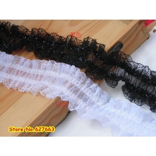 15yards/lot Chiffon Ruffled Lace Trim 5cm Wide White/ Black - Free Shipping