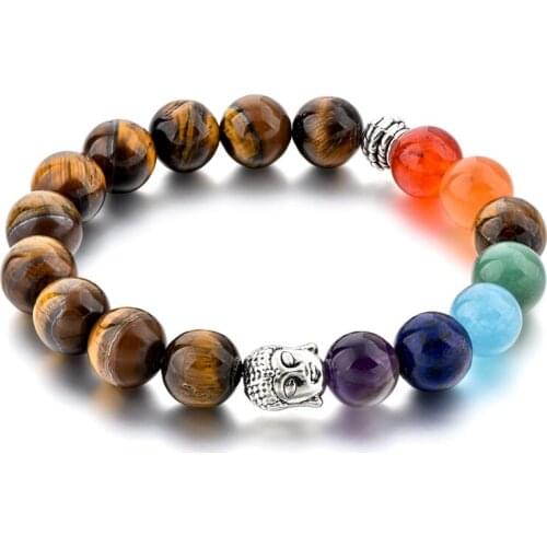 SZELAM New 2019 Seven Inter-color Tiger Eyes Natural Stone Agate Beads Bracelets Buddha Head Charm Bracelet Woman SBR190030
