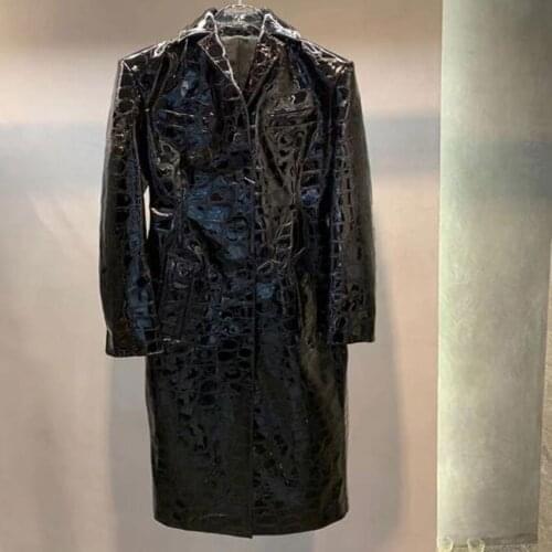 New arrival spring autumn fashion pu leather trench coat women black lapel slim long windbreaker