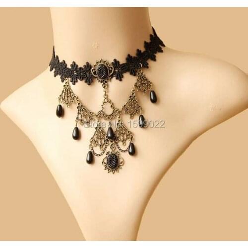 Vintage Victorian Evening Dress Black Tattoo Necklace Gothic Bronze Charm Pendant Lace Choker Jewelry Party Women Accessories