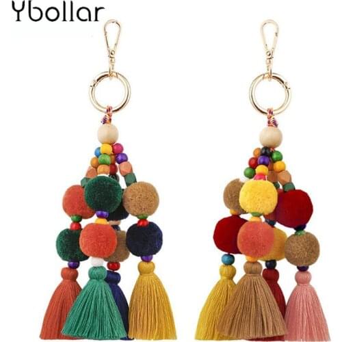 Tassel Keychain Keyring Bag Charms Pendant Jewelry Big Key Holder Boho Handmade Pom Pom Wooden Beads Vintage Fashion Accessories