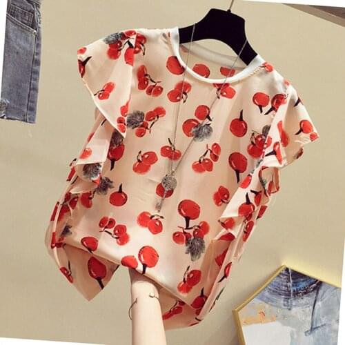 2021 Summer New Ruffles Floral Women Blouse O-Neck Short-Sleeved Slim Office Lady Elegant Pulls Outwear Coat Tops