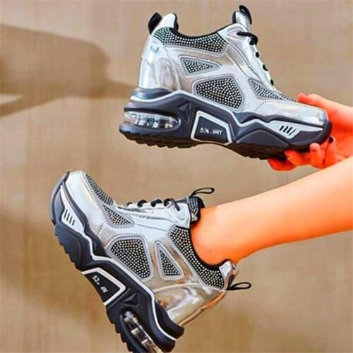 Ankle Boots Womens Cow Leather Fashion Sneakers Platform Wedge Rhinestone High Heels Lace Up Casual Party Oxfords Shoes