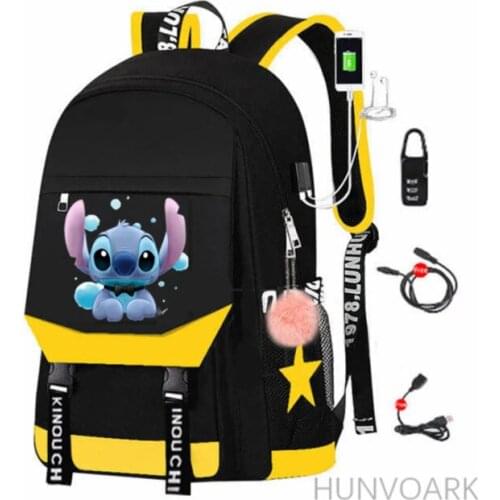 Stitch Women Laptop Backpack Candy Color USB CHARGE Waterproof Travel Backpack Patchwork School Bag Teenagers Girls