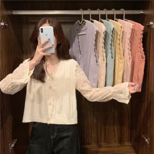 Stacked knitted vest cardigan womens lace v-neck sleeveless solid color single-breasted sweater casual all-match pullover top