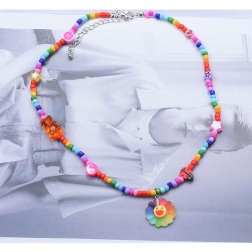 2021 New Bohemian Colorful Beaded Flower Choker Necklace Summer Statement Fruits Chain Pendant Jewelry for Women Girls