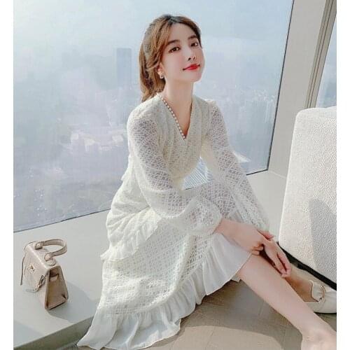 Spring 2021 New Temperament Shirt Dress Vestidos Womens Turn Down Collar Slim Vintage Chiffon Printted Office Midi Dress