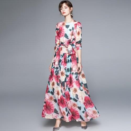 2021 Summer Women Long Sleeved Chiffon Dress O-Neck High Waist Floral Print Beach Maxi Dresses Sexy Holiday Vestidos