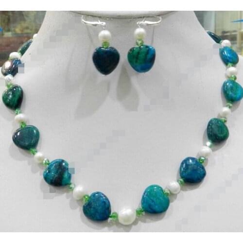15MM HEART AZURITE GEMS PHOENIX & TRUE WHITE CULTURED PEARL NECKLACE EARRING SET