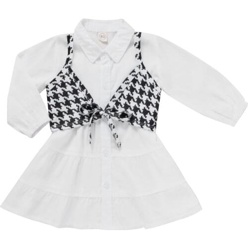 2Pcs Kids Summer Outfit, Solid Color Lantern Sleeves Shirt Dress + Plaid Braces Waistcoat for Girls, 9 Months to 5 Years